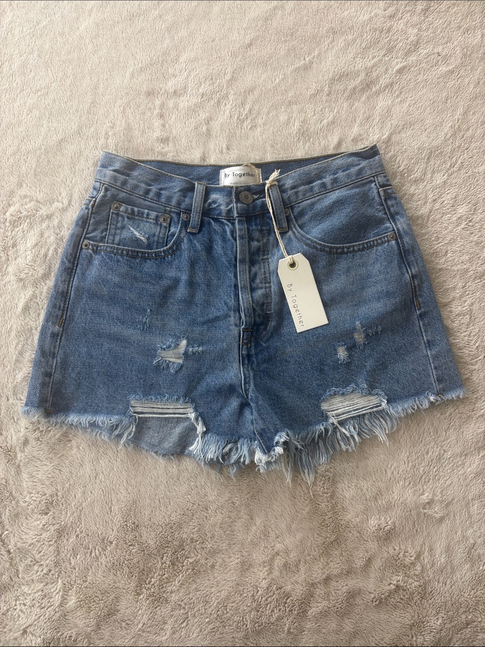 By Together Medium Blue Distressed High-Rise Denim Cutoff Shorts
